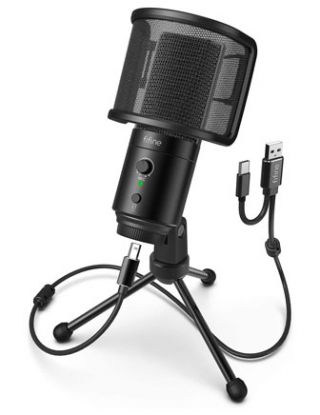 FIFINE USB Desktop Microphone with Pop Filter for Computer and Mac, Studio Condenser Mic with Gain Control, Mute Button, Headphone Jack for Gaming Streaming Recording YouTube, Extra USB-C Plug - K683A