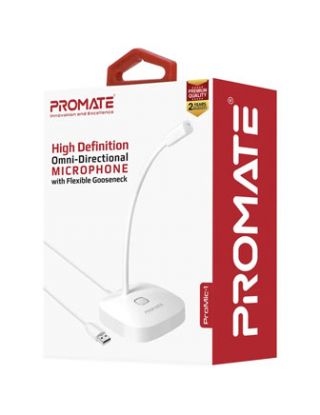 Promate ProMic-1 High Definition Omni-Directional Microphone with Flexible Gooseneck - White