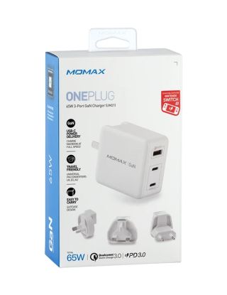 Momax ONEPlug 3-Port GaN Fast Charger 65W Ultra-Lightweight Universal (UM21) - White
