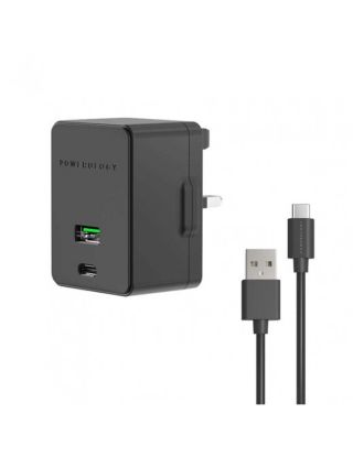 Powerology Dual Port Ultra-quick PD Charger 36w Type-C Cable 1.2m - Black