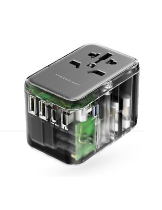 Powerology 65W PD Universal Multi-Port Travel Adapter With 3 USB-C Output 2 USB-A Ports - Transparent/Grey