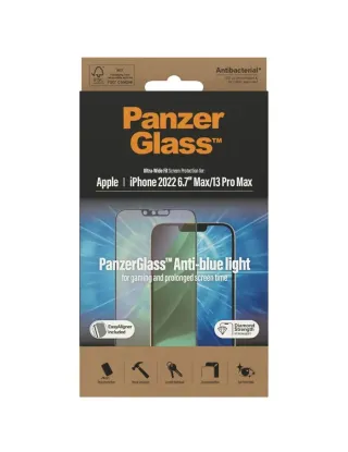 PanzerGlass iPhone 14 Max(6.7inch) Antibacterial Tempered Glass, Ultra Wide Fit, Anti Bluelight