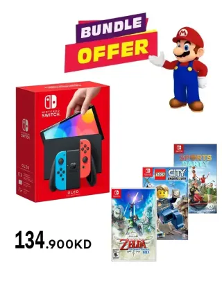 Nintendo Switch – OLED Model w/ Neon Red & Neon Blue Joy-Con With (Three Games ) Bundle Offer