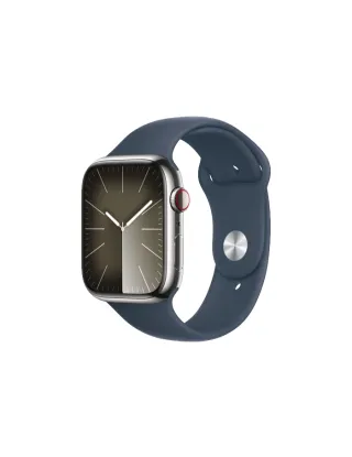 Apple Watch Series 9 Gps + Cellular 45mm Silver Stainless Steel Case With Storm Blue Sport Band - M/l