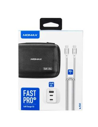 Momax Fast Pro Gan Charger Kit (Carrying Case + 65w 3port Uk Plug + Type-C to Type-C Cable ) - White