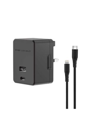 POWEROLOGY DUAL PORTS WALL CHARGER 30W USB 2.4A + PD 18W WITH TYPE-C TO LIGHTING CABLE 1.2M - BLACK