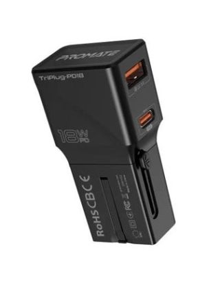 Promate Sleek Universal Power Plug With Power Delivery and Quick Charge Triplug-PD18 -Black