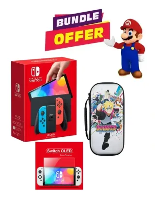 Nintendo Switch – OLED Model w/ Neon Red & Neon Blue Joy-Con With Carry Bag & Tempered Glass Bundle
