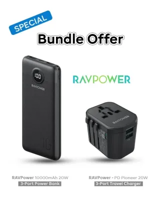 Ravpower Pd Pioneer 10000mah Power Bank With 20w 3-port Travel Charger Kit Set