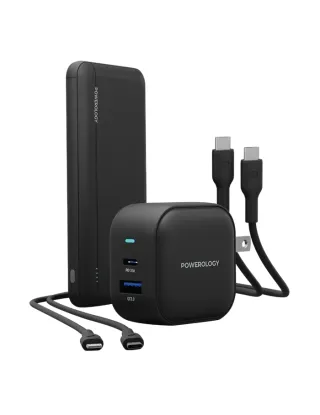 Powerology 5 In 1 Universal Power Combo 10000mah Pd Power Bank & 38w Charger World Travel Kit & Fast Charging Pvc Cable - Black
