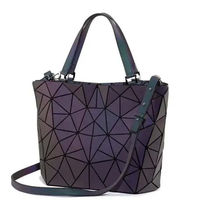 GEOMETRIC LUMINOUS HOLOGRAPHIC BLACK PURPLE COLOR CHANGING TOTE BAG